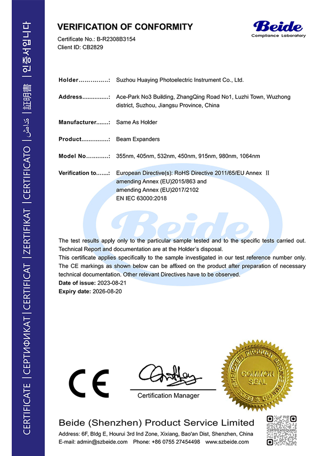 CE Certificate Beam Expanders